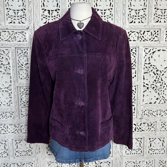 Vintage Jacqueline Ferrar Eggplant Purple Suede Leather Button Up Jacket Sz L - Picture 1 of 13